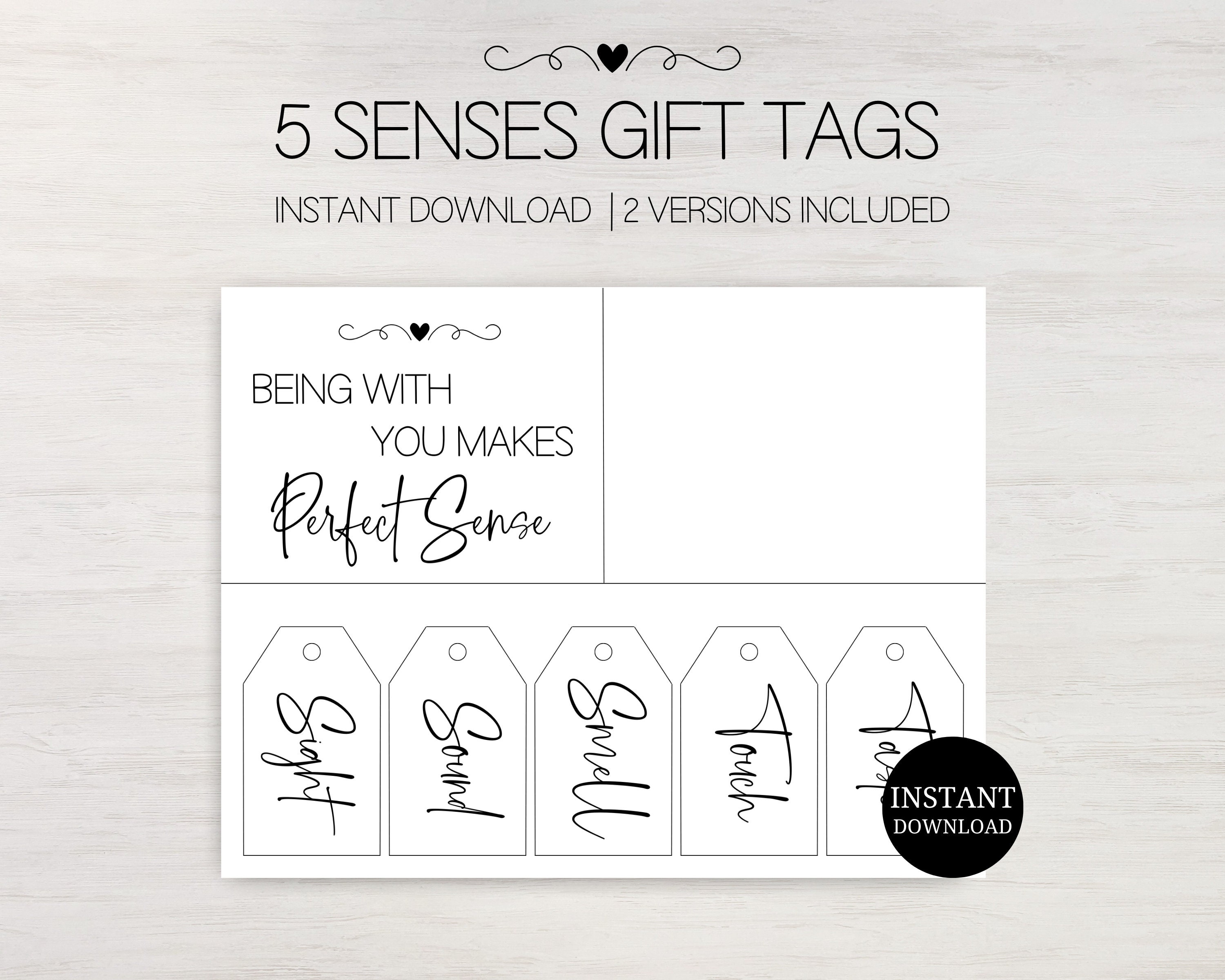 5 Senses Gift Tag Printable / Five Senses Gift Tags & Card / 50 Gift Ideas  for Him or Her / Whimsical Cursive Font / PDF Digital Download 