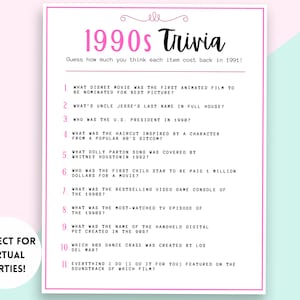 90s Trivia, 90&#39;s Trivia Game, 30th Birthday Trivia, 30th Birthday Party Game, 90s Themed Party Game