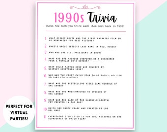 90s Trivia, 90's Trivia Game, 30th Birthday Trivia, 30th Birthday Party Game, 90s Themed Party Game