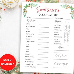 Cuestionario de Papá Noel Secreto, Intercambio de Regalos de Papá Noel Secreto imprimible, Papá Noel Secreto de Oficina, Papá Noel Secreto de Navidad, Ideas de Regalos para Navidad,