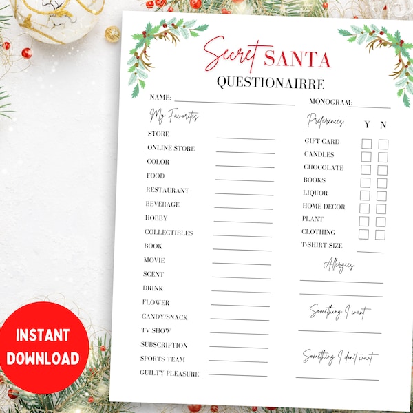 Secret Santa Questionnaire, Printable Secret Santa Gift Exchange, Office Secret Santa, Christmas Secret Santa , Gift Ideas for Christmas,