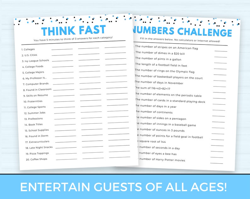 May include: A printable game sheet with the title "Think Fast" and "Numbers Challenge". The game sheet has two columns of questions. The left column is titled "Think Fast" and has 20 questions. The right column is titled "Numbers Challenge" and has 18 questions. The game sheet is designed to be printed and played at a party or gathering.