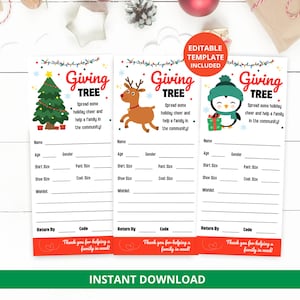 May include: Three Giving Tree holiday cards with illustrations of a Christmas tree, reindeer, and penguin. Each card includes fields for name, age, gender, sizes, and a wishlist. The cards are designed to spread holiday cheer and help families in need.