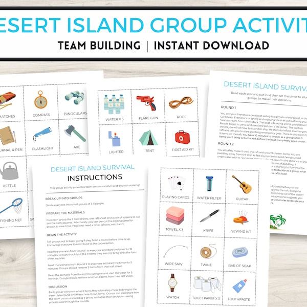 Desert Island groepsactiviteit, teambuildingactiviteiten, communicatieactiviteit, teamspellen, teamspellen op de werkplek, afdrukbare spellen