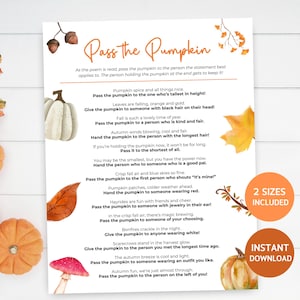Puede incluir: Tarjeta de juego imprimible con temática otoñal. La tarjeta presenta una calabaza y hojas de otoño con el texto "Pass the Pumpkin" e instrucciones para un juego. El texto incluye frases como "Pumpkin spice and all things nice" y "Autumn winds blowing, cool and fair".