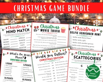 May include: A set of six printable Christmas party games. The games include Mind Match, Movie Trivia, Selfie Scavenger Hunt, What's On Your Phone, Would You Rather, and Christmas Scattegories. The games are designed to be played with friends and family during the holiday season.