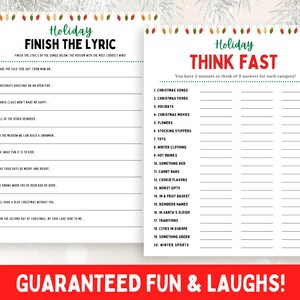 Puede incluir: Dos tarjetas de juego de Navidad imprimibles con luces navide&ntilde;as rojas y verdes. La primera tarjeta se titula "Holiday Finish the Lyric" y tiene una lista de letras de canciones navide&ntilde;as para completar. La segunda tarjeta se titula "Holiday Think Fast" y tiene una lista de 20 categor&iacute;as para que los jugadores piensen en tres respuestas para cada una.