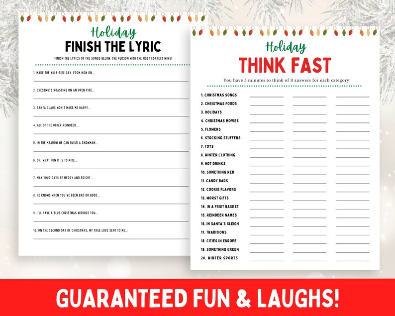 Puede incluir: Dos tarjetas de juego de Navidad imprimibles con luces navide&ntilde;as rojas y verdes. La primera tarjeta se titula "Holiday Finish the Lyric" y tiene una lista de letras de canciones navide&ntilde;as para completar. La segunda tarjeta se titula "Holiday Think Fast" y tiene una lista de 20 categor&iacute;as para que los jugadores piensen en tres respuestas para cada una.