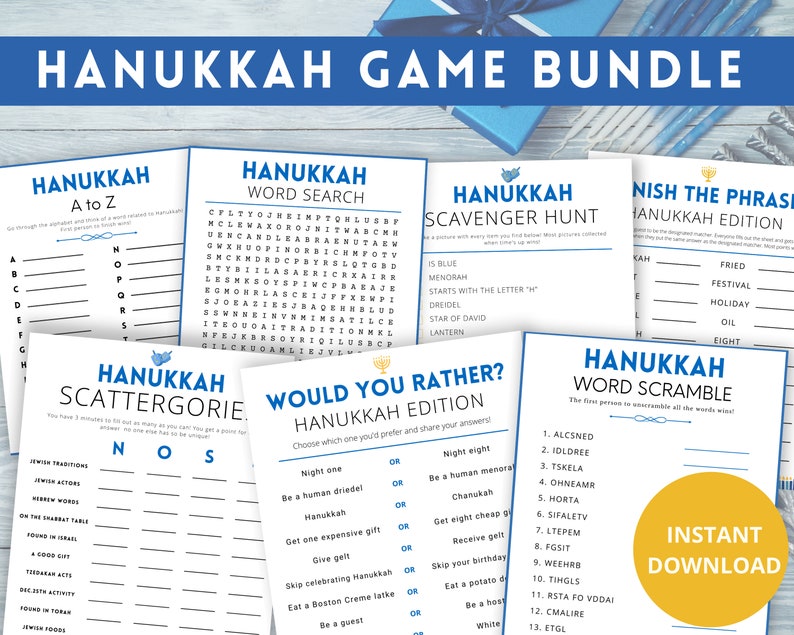 Hanukkah Party Games Bundle, Printable Hanukkah Games, Chanukah Games, Adult Hanukkah Games, Jewish Games, Hanukkah Activity Pack, image 1