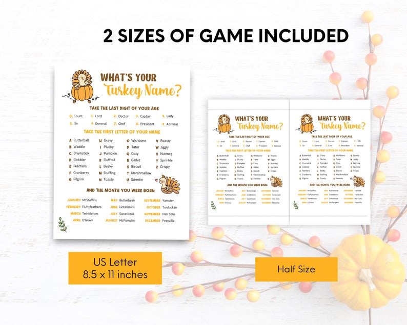 What's Your Turkey Name, Printable Thanksgiving Game, Office