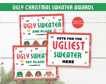 Ugly Christmas Sweater Awards, Ugly Sweater Party Voting Sign Certificates, Ugly Christmas Sweater Contest 1st 2nd 3rd Place Voting Ballots