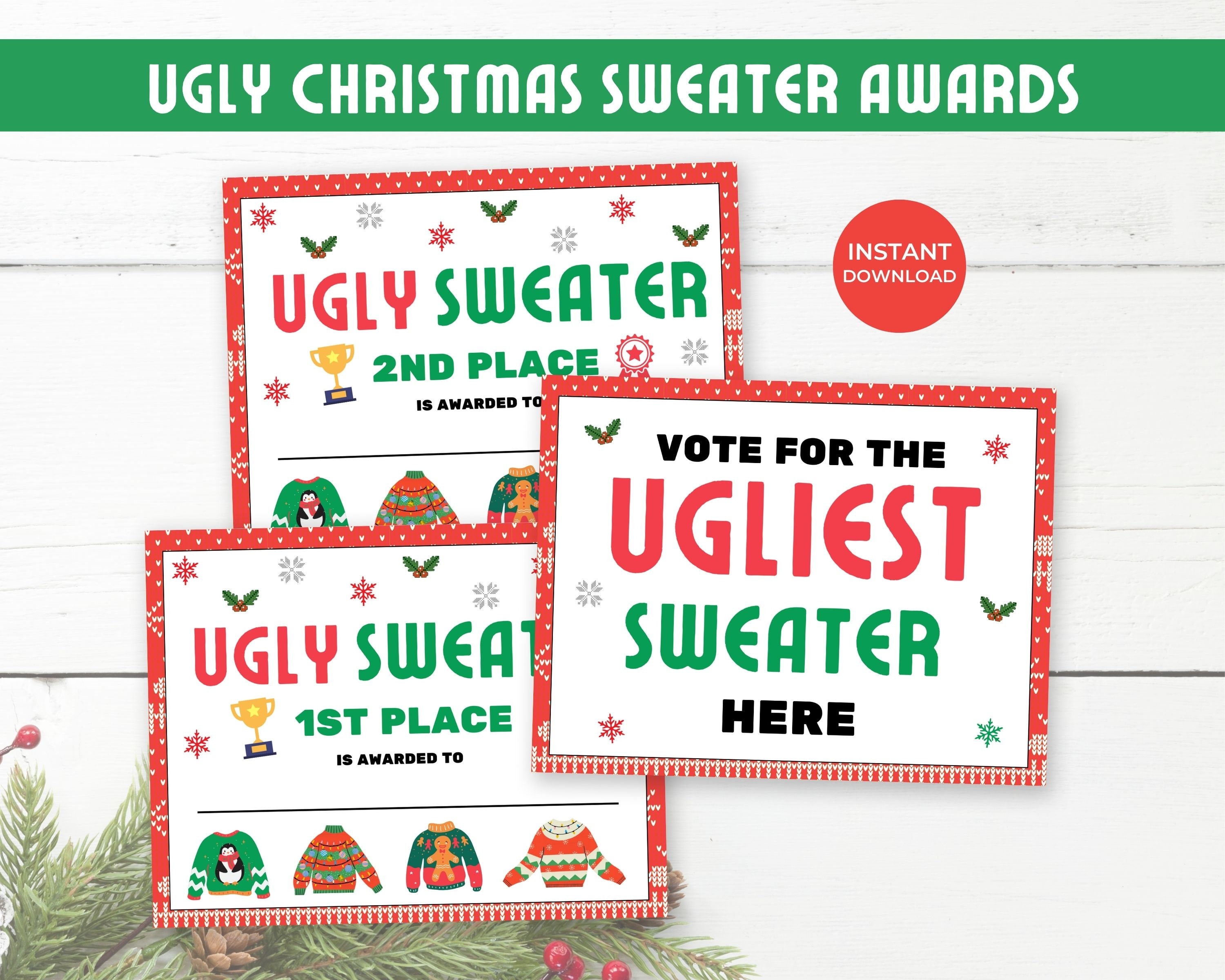 ugly christmas sweater awards, ugly sweater party voting sign