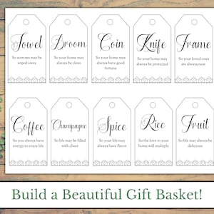 May include: Ten printable gift tags with black text on a white background. Each tag has a different word and a short phrase. The words are: Towel, Broom, Coin, Knife, Frame, Coffee, Champagne, Spice, Rice, and Fruit.