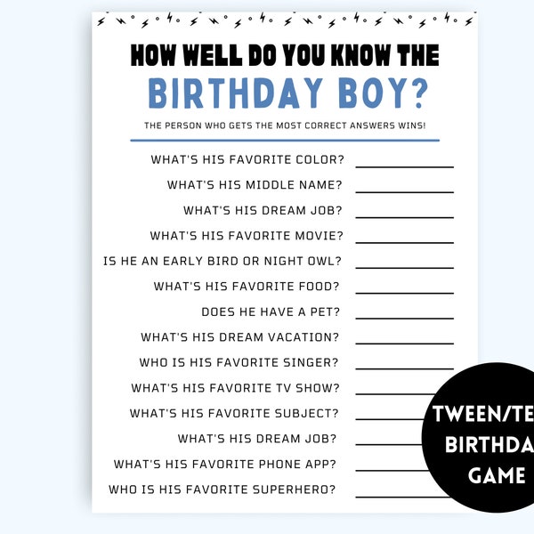 How Well Do You Know The Birthday Boy Game, Teen Birthday Games, Tween Birthday Game, 8th, 9th, 10th, 11th Birthday Games