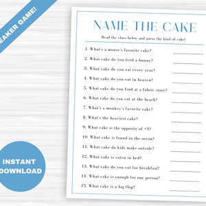 May include: A printable game called "Name the Cake" with 15 questions and blank lines for answers. The game is designed to be an icebreaker game.