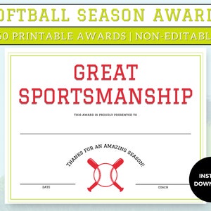 Softball End of Season Awards, Softball Certificates Pre-filled, 60 Softball Awards, Softball Party, Printable softball awards