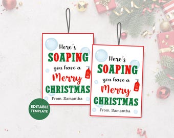 Here's Soaping You Have A Merry Christmas-tag, bewerkbare kerstzeep gunsttags, zeep kerstleraar waardering cadeaulabel