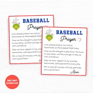 Może przedstawiać: Dwie karty modlitewne do baseballu z czerwoną obwódką. Karty zawierają grafikę boiska do baseballu, krzyż i słowa "Baseball Prayer" w kolorze niebieskim i czarnym. Tekst modlitwy jest wydrukowany na czarno.