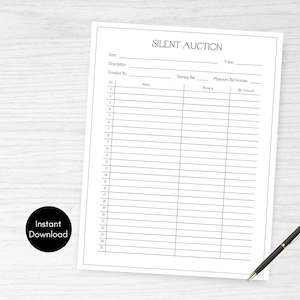Silent Auction Bid Sheet, Silent Auction Bidding Sheet, Fundraiser Event, School PTA Fundraising Ideas, Charity Fundraiser
