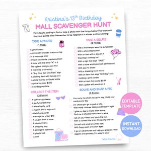 Birthday Mall Scavenger Hunt Editable, Tween Teen Birthday Scavenger Hunt, Mall Activity, Mall Birthday Party, Photo Scavenger Hunt