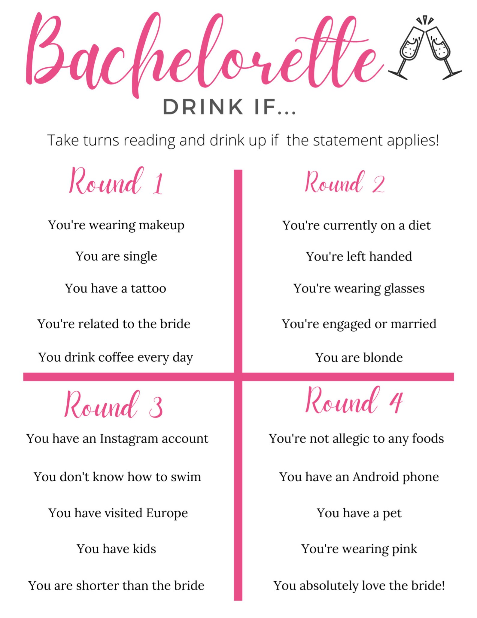 Bachelorette Drink If Game Printable Bachelorette Digital - Etsy
