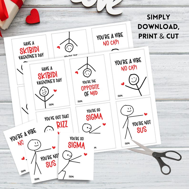 May include: Printable Valentine's Day cards featuring stick figures and funny phrases like "You're a vibe, no cap!" and "You've got that rizz".