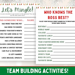 Puede incluir: Un juego imprimible de tem&aacute;tica navide&ntilde;a para actividades de team building. El juego se llama "Let's Mingle!" y "Who Knows the Boss Best?" El juego incluye preguntas para hacer a los compa&ntilde;eros de trabajo para conocerlos mejor.