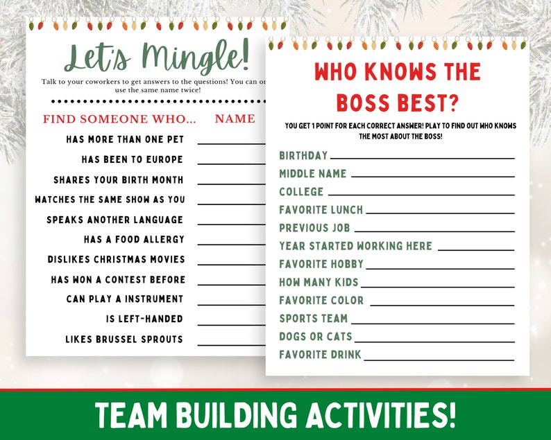 Puede incluir: Un juego imprimible de tem&aacute;tica navide&ntilde;a para actividades de team building. El juego se llama "Let's Mingle!" y "Who Knows the Boss Best?" El juego incluye preguntas para hacer a los compa&ntilde;eros de trabajo para conocerlos mejor.