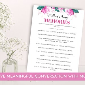 Op de afbeelding: Een printbare Moederdagkaart met roze bloemen en de tekst "Moederdag Herinneringen". Het bevat een lijst met gespreksonderwerpen om je te helpen je moeder beter te leren kennen.