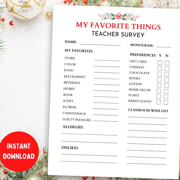 Teacher's Favorite Things Questionnaire,  Teacher Survey, Christmas Gifts, Teacher's Favorite Things Questionnaire, Teacher Appreciation