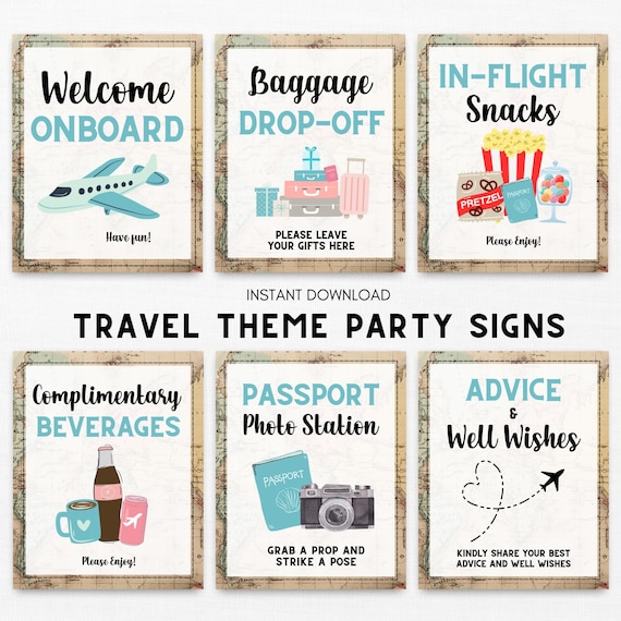 Travel Party Signs Bundle, Travel Adventure Graduation Party Bridal Baby Shower Birthday, Airline Theme Party Table Decor, Around the World