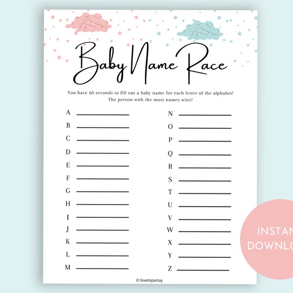 Baby Name Race, Baby Shower Games, Baby Name Race Game, Gender Reveal Game, Printable Baby Shower Game,Classic Baby Game, Rustic Baby Shower