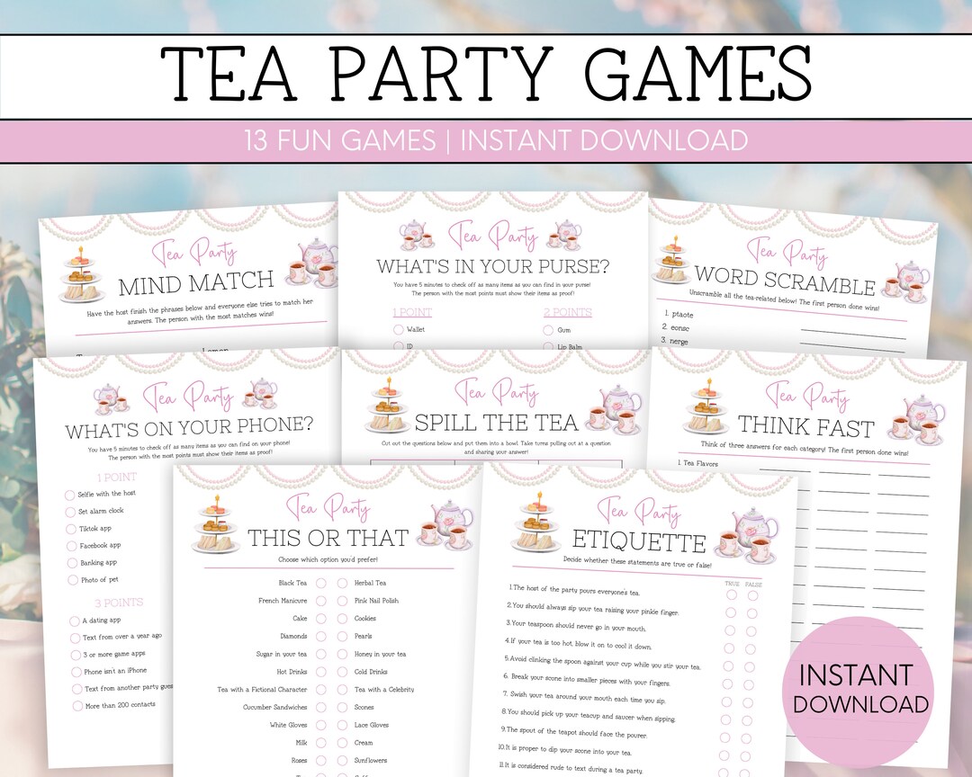 Tea Party Games Printable, Tea Party Games Bundle Adult Kids, Tea Party ...