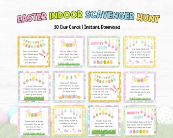 May include: Twenty colorful clue cards with a bunny rabbit illustration and Easter-themed text. The cards are designed for an indoor Easter scavenger hunt game. The text on the cards includes phrases like "Rain and sunshine help flowers grow", "Hope you're having so much fun!", and "HIPPITY HOP!"
