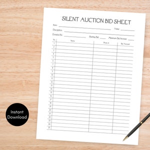 Silent Auction Bid Sheet, Silent Auction Bidding Sheet, Fundraiser Event, School PTA Fundraising Ideas, Charity Fundraiser