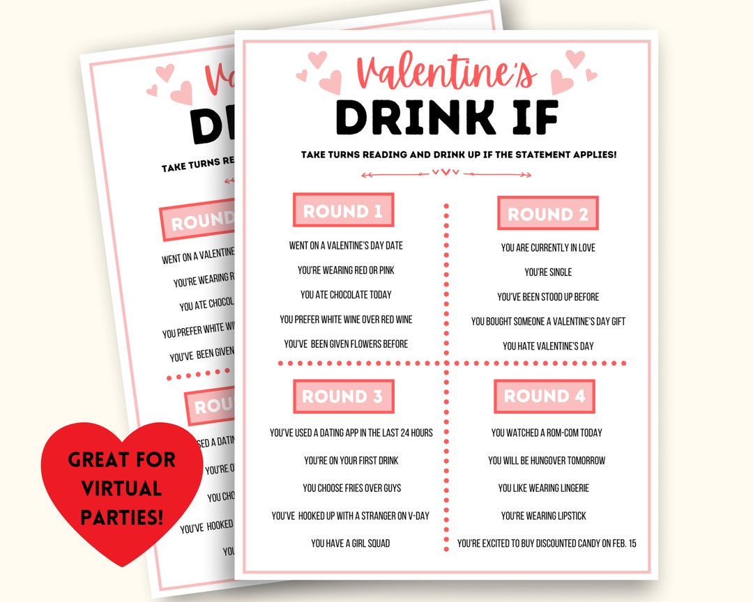 Valentine's Day Drink If, Valentine's Day Drinking Game, Valentine's Drinking Games, Galentine's