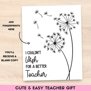May include: A white card with a black dandelion illustration and the text "I couldn't wish for a better teacher." The card includes instructions to add fingerprints and states a blank copy will be received. The bottom of the card reads "Cute & Easy Teacher Gift."