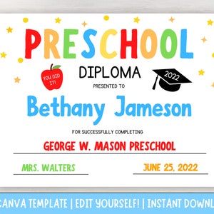 Plantilla de Diploma de Preescolar, Diploma de Preescolar Editable, Certificado de Preescolar Editable, Plantilla Canva, Certificado de Graduación de Pre-K