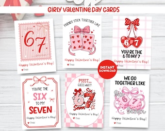 Meisjes 67 Valentijnsdagkaarten, afdrukbare Six Seven Valentine-kaarten voor kinderen, Coquette Classroom Gen Z Alpha Slang, 6 7 valentijnskaarten