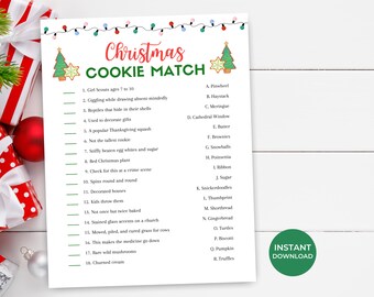 May include: A printable Christmas cookie matching game with 18 different cookies and their descriptions. The game is decorated with green Christmas trees and red and green lights.