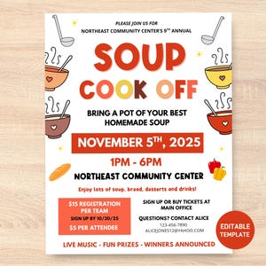 May include: A promotional flyer for the Northeast Community Centre's 9th Annual Soup Cook Off. The design includes the text "SOUP COOK OFF" in bold letters, soup bowl illustrations, and event details. The event is on November 5th, 2025.