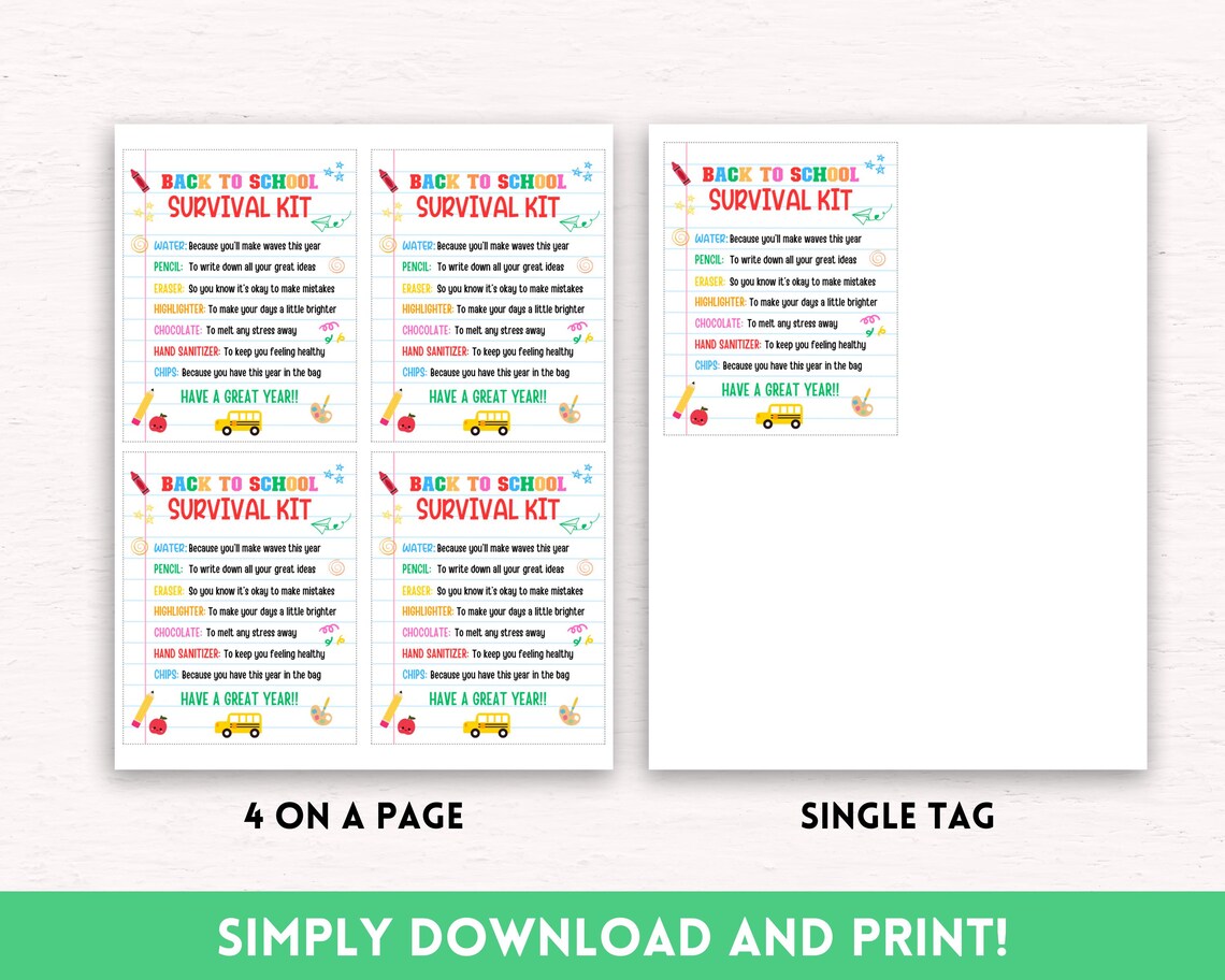 Back to School Survival Kit Tags, Back to School Gift Tags Printable ...