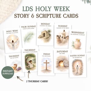Puede incluir: Un conjunto de tarjetas LDS Holy Week Story & Scripture. Cada tarjeta presenta ilustraciones en acuarela y texto, incluyendo "Palm Sunday", "Monday", "Tuesday", "Wednesday", "Thursday", "Friday", "Saturday" y "Easter Sunday". Las tarjetas están etiquetadas como "Descarga instantánea".
