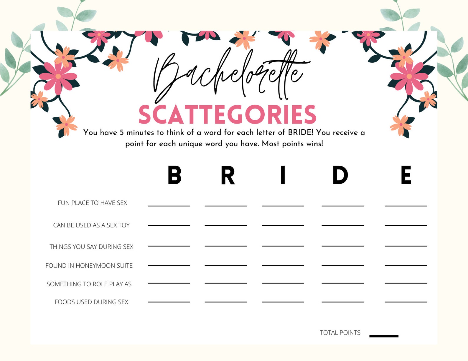 Dirty Bachelorette Scattergories Game Printable Bachelorette | Etsy