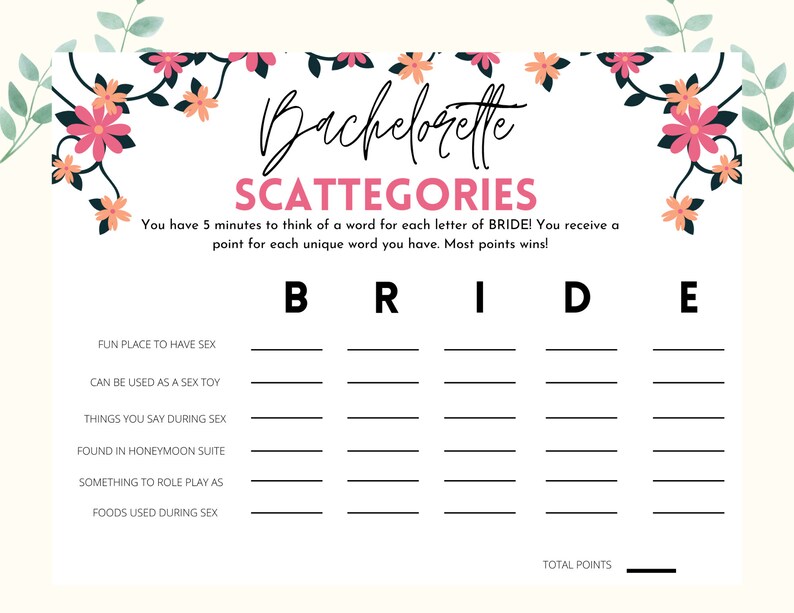 Dirty Bachelorette Scattergories Game Printable Bachelorette Etsy