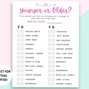Younger or Older Game, Adult Birthday Party Game, 30th Birthday Party Game, Fun Birthday for Women