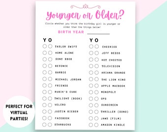 Younger or Older Game, Adult Birthday Party Game, 30th Birthday Party Game, Fun Birthday for Women