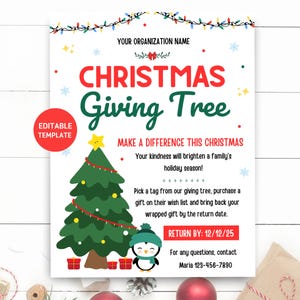 May include: A white Christmas Giving Tree flyer with red and green text. The flyer includes a Christmas tree illustration, a penguin, and the text "Make a Difference This Christmas". The return date is 12/12/25.