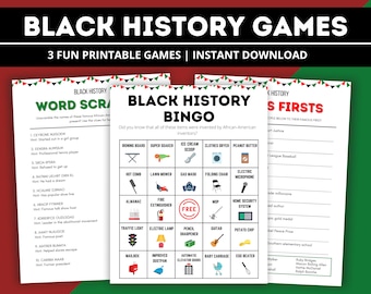 May include: Three printable Black History games: Word Scramble, Bingo, and Firsts. The Bingo game features a grid with images of inventions such as a lawn mower, fire extinguisher, and a pencil sharpener. The Firsts game has a list of famous African Americans and their achievements.