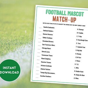 Football Mascot Match,  Football Party Game, Sports Party Game, Printable Football Party Game, Football Games for Kids and Adults